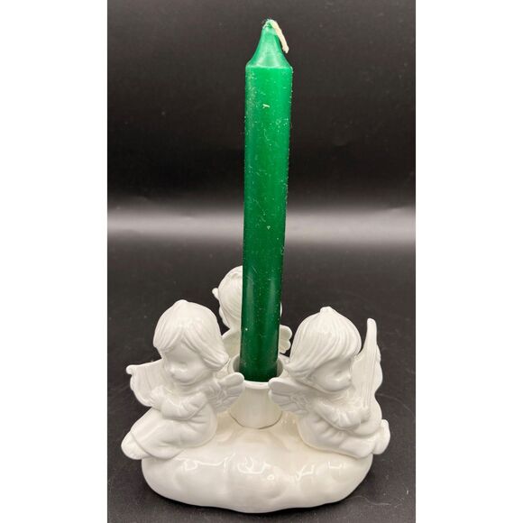 Vintage White Porcelain Angel Trio Candlestick Candle Holder Christmas Colonia - Picture 2 of 8